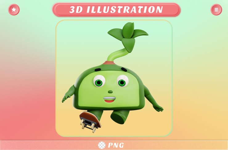 PSD patineta freestlye de personaje de planta linda 3d