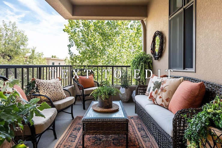 PSD patio acogedor con muebles de mimbre decoración de otoño y plantas en maceta