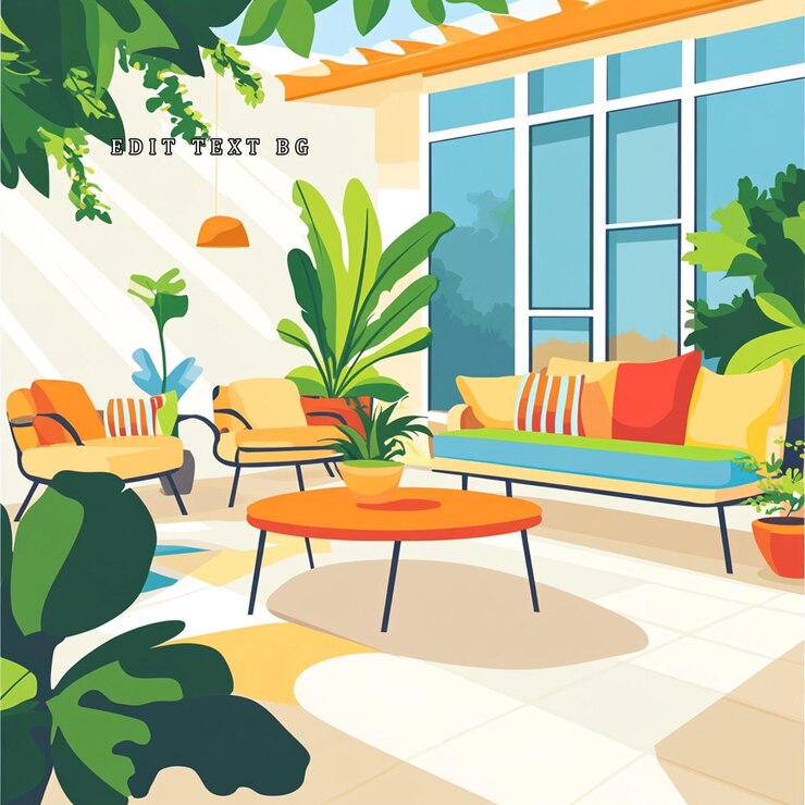 PSD patio iluminado por el sol con cómodos asientos, plantas en maceta y grandes ventanas