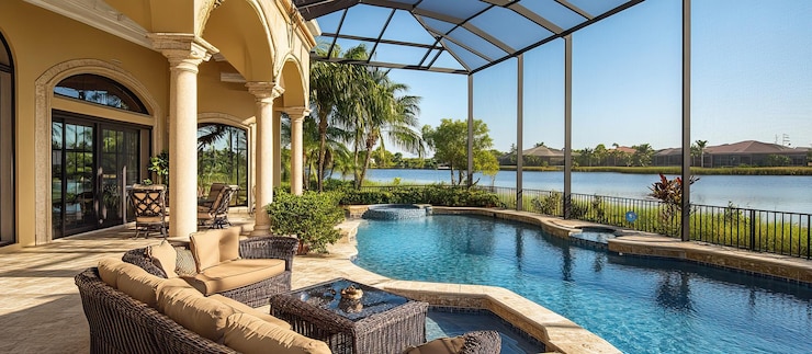 PSD patio luxueux au bord de la piscine avec vue sur l'eau