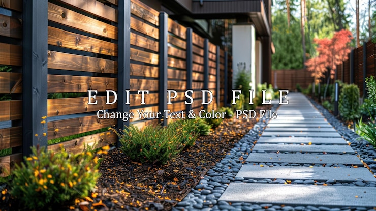PSD patio moderno con sendero de piedra y valla de madera