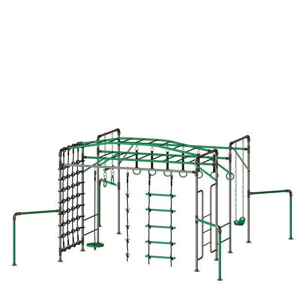 Un patio de recreo con una estructura verde y plateada La estructura tiene una escalera y una cuerda