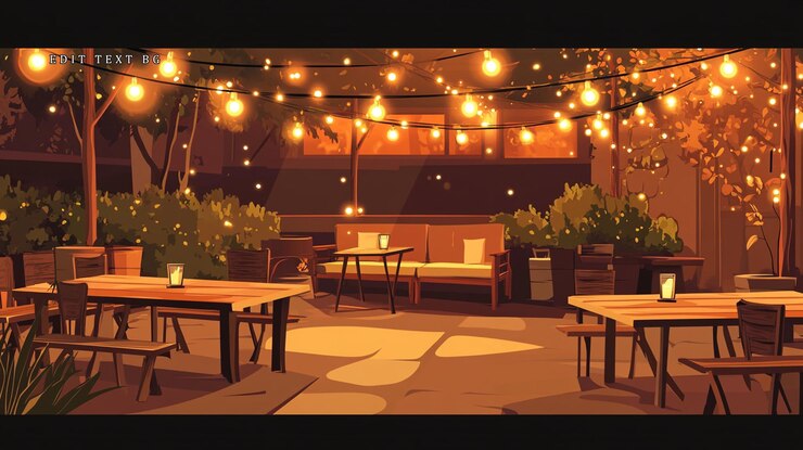 PSD patio romántico al aire libre por la noche con luces de cuerda, mesas, sillas y plantas