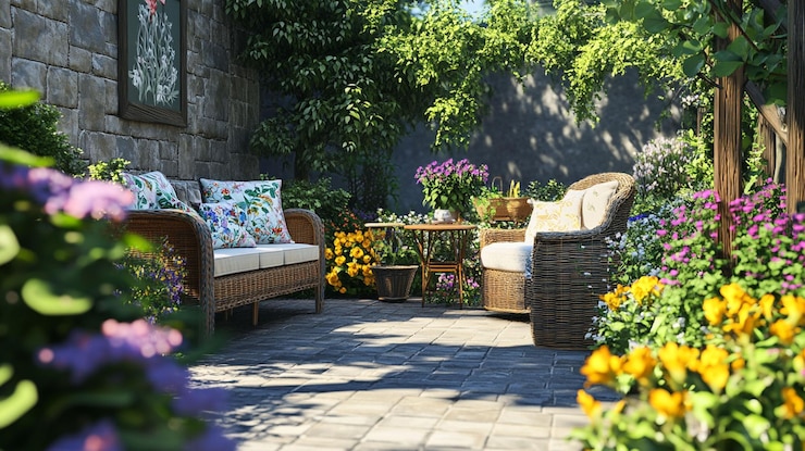 PSD patio soleado con muebles de mimbre, flores y pared de piedra