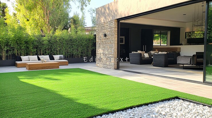 PSD patio trasero moderno con pared de piedra de césped artificial y espacio de vivienda abierto