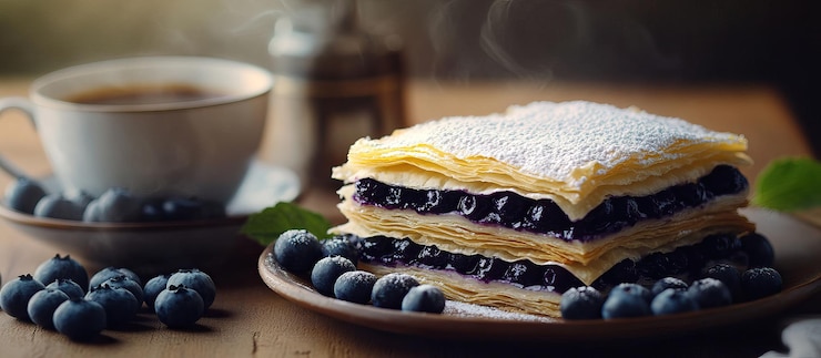 PSD pâtisserie aux bleuets avec du sucre en poudre et du thé