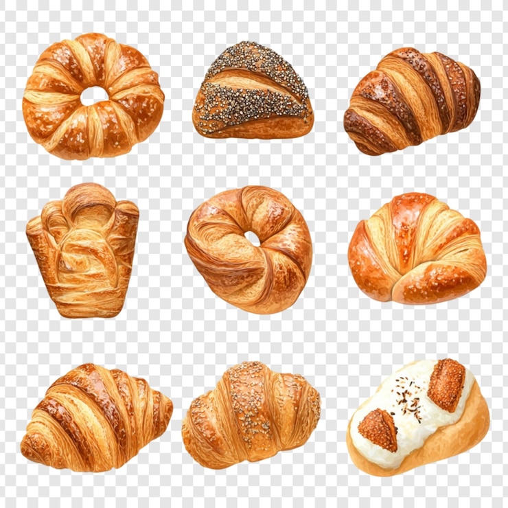 PSD des pâtisseries délicieuses des croissants du pain assortiment de boulangerie