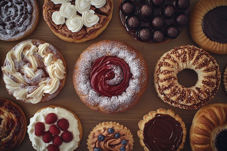 PSD des pâtisseries sucrées et des pains assortis vue aérienne
