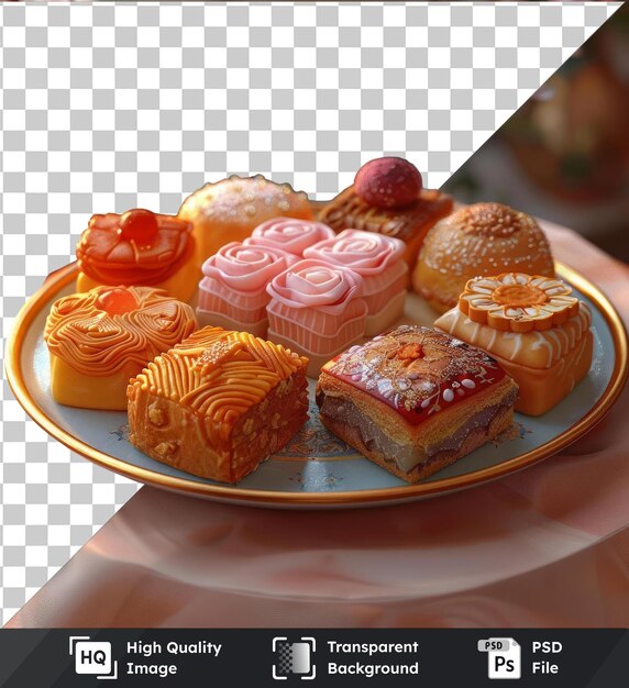 PSD pâtisseries traditionnelles de premier ordre de l'aïd al-fitr exposées sur une assiette blanche accompagnée d'une fleur rose sur un fond transparent