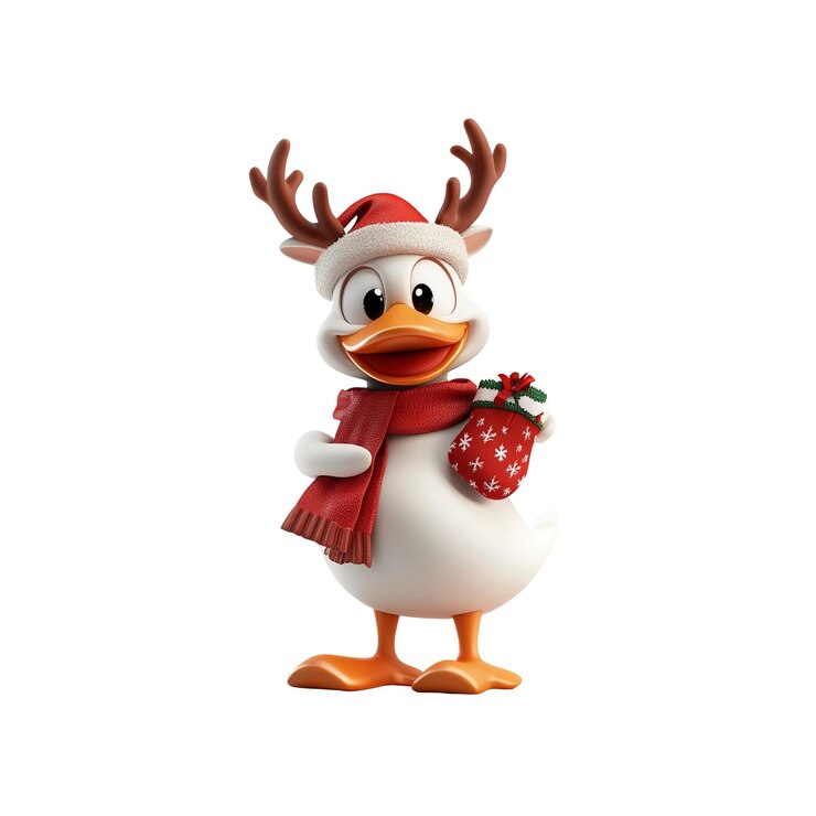 PSD pato festivo con cuernos de reno sosteniendo una medias de navidad