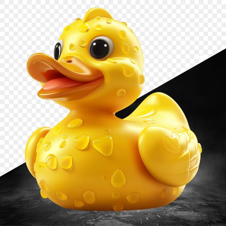 PSD un pato de goma amarillo con un fondo negro y