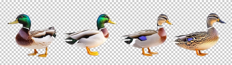 PSD un pato de pie en un pie con un pico amarillo y pies palmeados en un fondo transparente