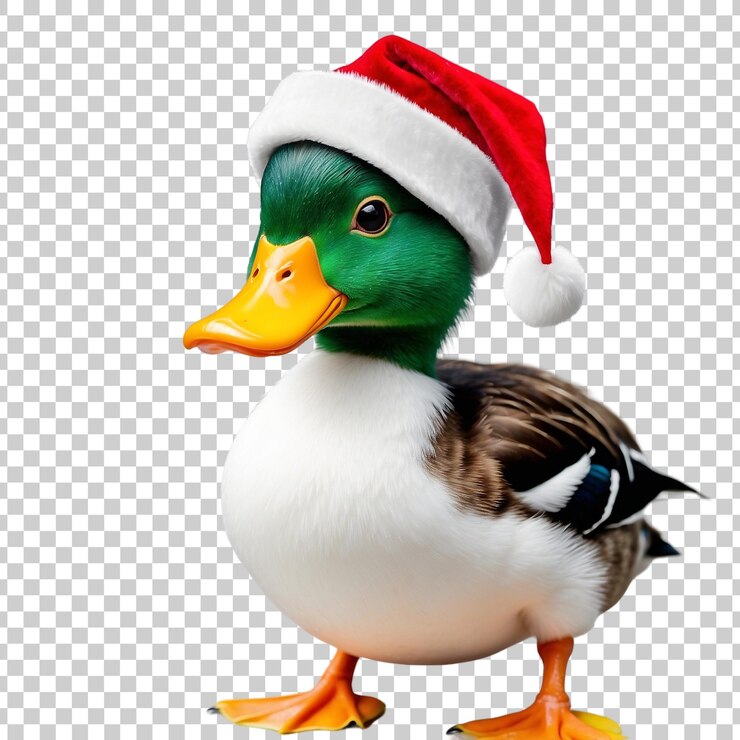 PSD un pato con un sombrero de santa está de pie en un fondo amarillo y negro