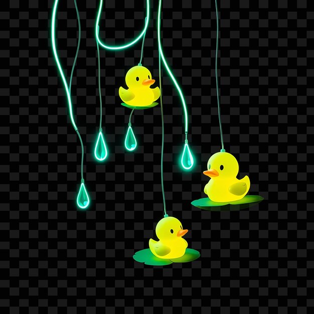 Patos de dibujos animados decorativos y almohadillas de lirio gotas de lluvia de neón cuelgan de la cuerda pulsando suavemente