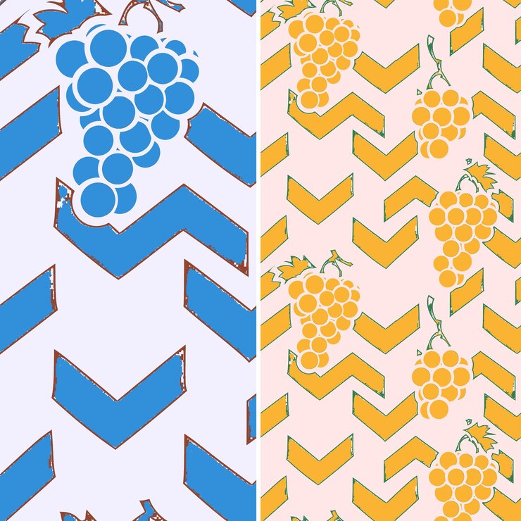 PSD un patrón azul y amarillo con uvas y naranjas