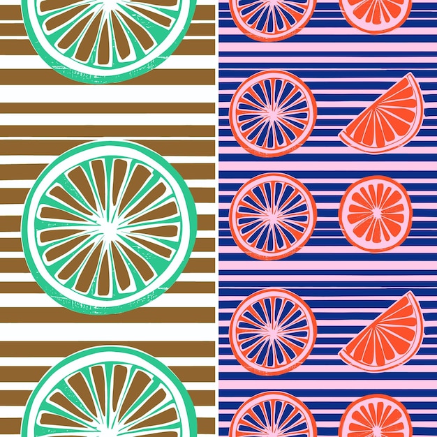 Un patrón azul y naranja con naranjas y un fondo a rayas verdes y azules
