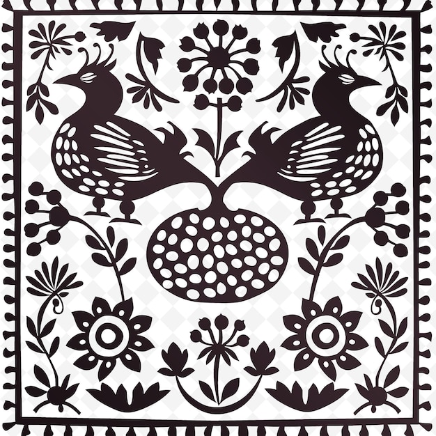 Un patrón blanco y negro con pájaros y flores