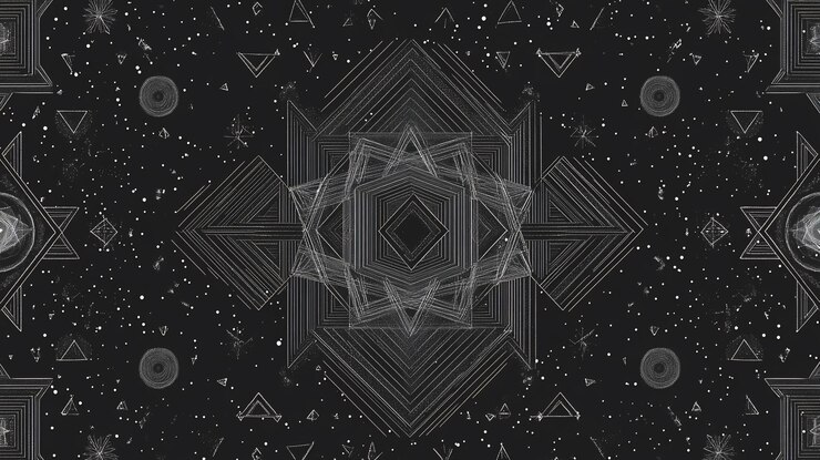 PSD patrón de caleidoscopio geométrico abstracto en escala de gris con elementos de diseño simétricos en un fondo oscuro