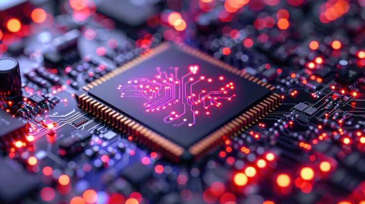 PSD un patrón de circuito cerebral rosado brillante está impreso en un microchip rodeado de otras placas de circuitos y luces rojas brillantes que simbolizan el concepto de inteligencia artificial