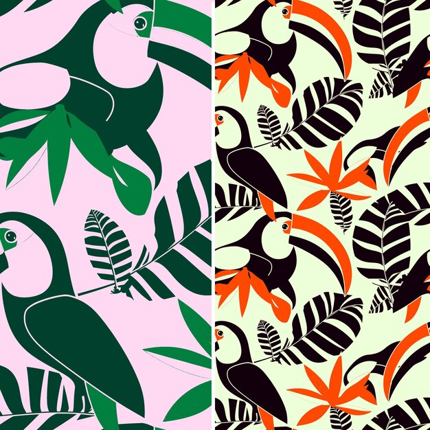 PSD patrón sin costuras aracari toucan beak con patrones de bract de heliconia y arte de contorno de collage simple