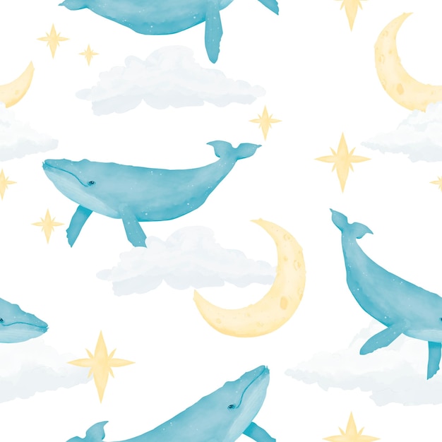 Patrón sin costuras con ballenas nubes estrellas y luna nueva acuarela ilustración digital
