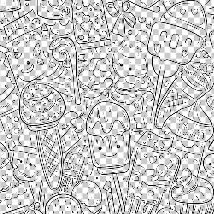PSD patrón sin costuras en blanco y negro con borrones de helado y dulces