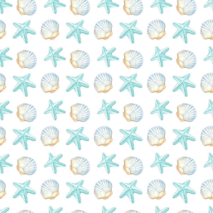 PSD patrón sin costuras de conchas y estrellas de mar con un tema de playa