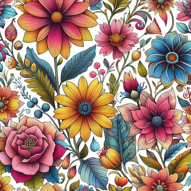 PSD un patrón sin costuras de flores coloridas y lindas.