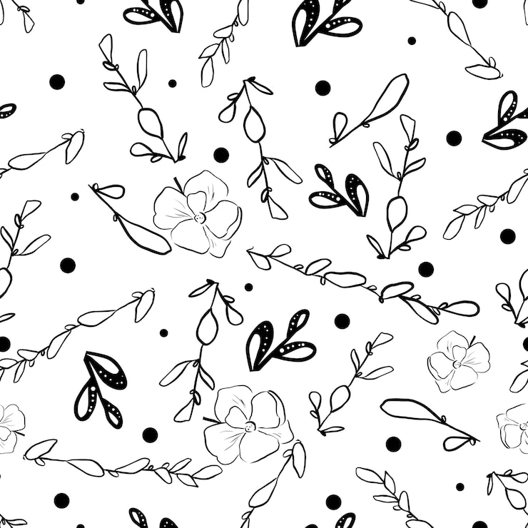 PSD patrón sin costuras con grandes flores ramas y hojas redondeadas ilustración en blanco y negro