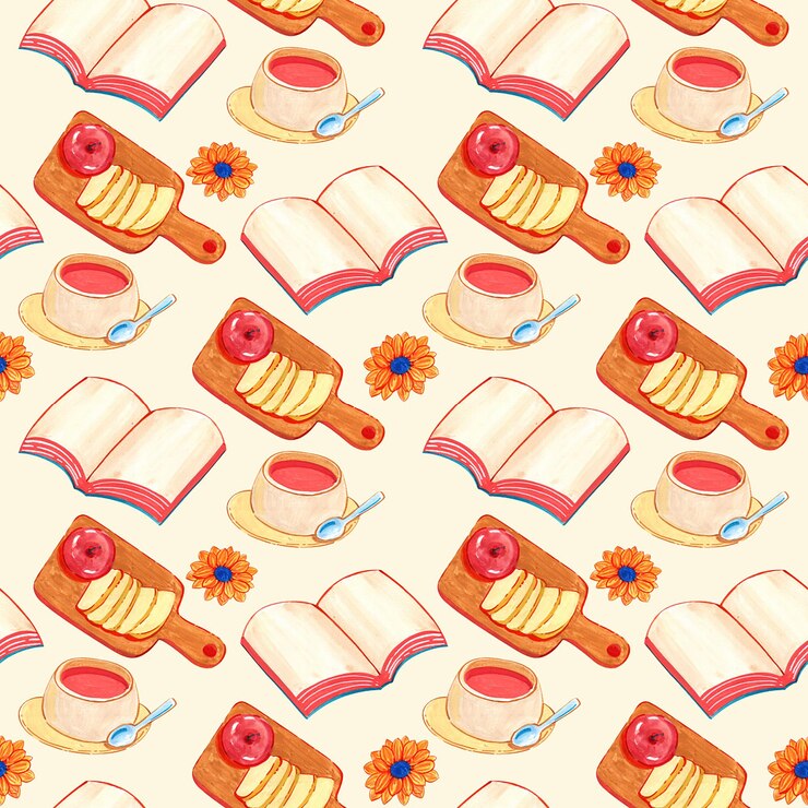 PSD patrón sin costuras de libros y bocadillos de picnic frutas pintura en acuarela ilustración dibujada a manoxa