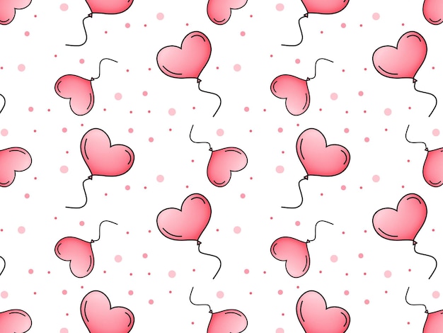 Patrón de cuadrícula repetitivo con globos rosados en forma de corazón y puntos sobre fondo blanco