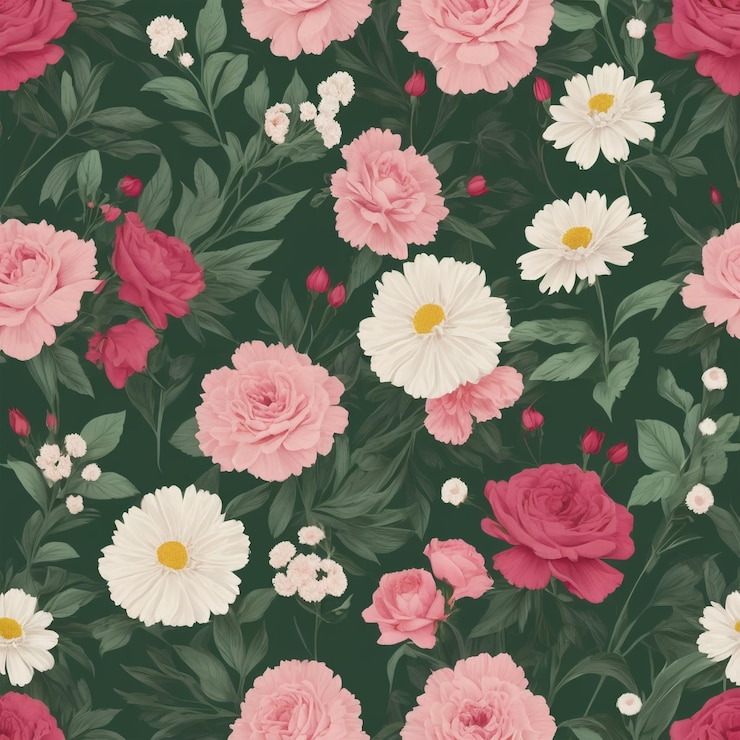 PSD patrón floral con rosas y margaritas sobre un fondo oscuro