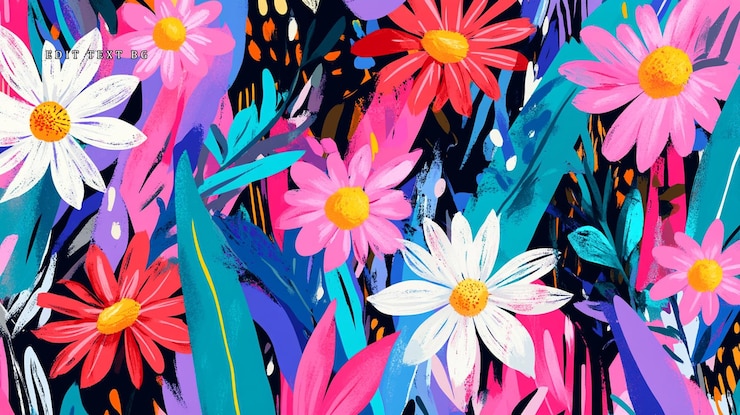 PSD patrón floral vibrante con margaritas rosas rojas y blancas y hojas de azul azulado sobre un fondo oscuro