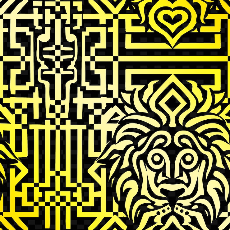 PSD patrón de meandro clave griego con icono de león y diseño angular arte de contorno abstracto inspirado en la naturaleza