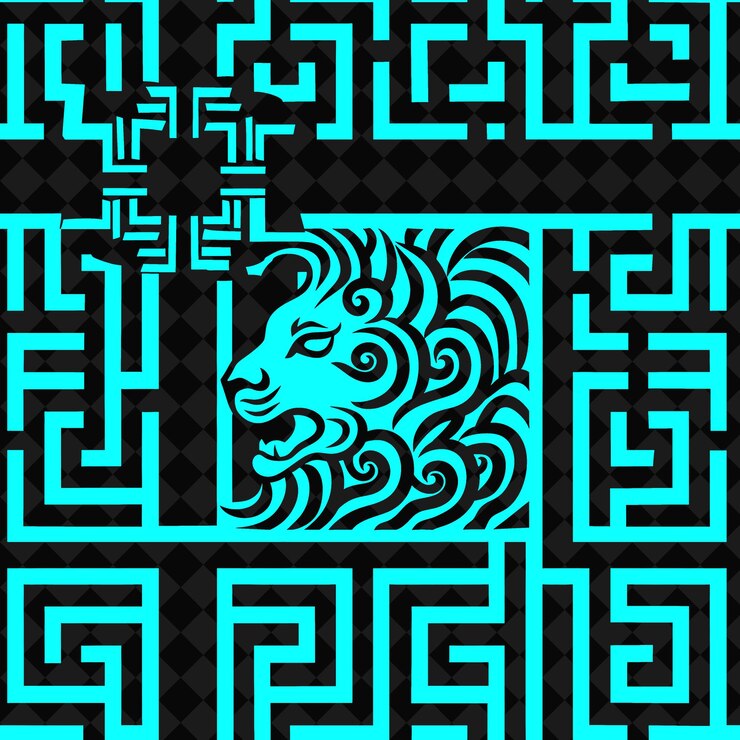 PSD patrón de meandro griego clave con icono de león y diseño angular abstracto diseño vectorial de patrones naturales