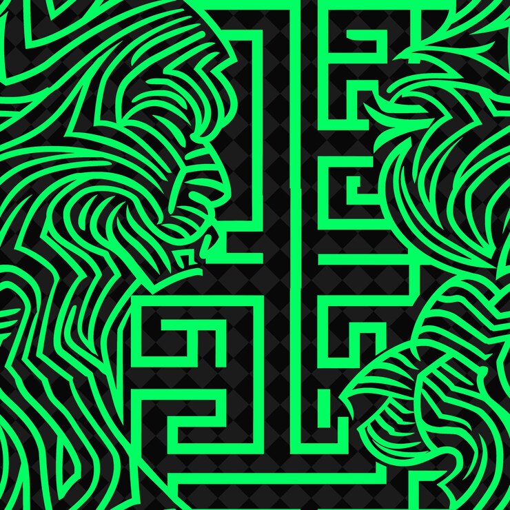 PSD patrón de meandro griego clave con icono de león y diseño angular abstracto diseño vectorial de patrones naturales