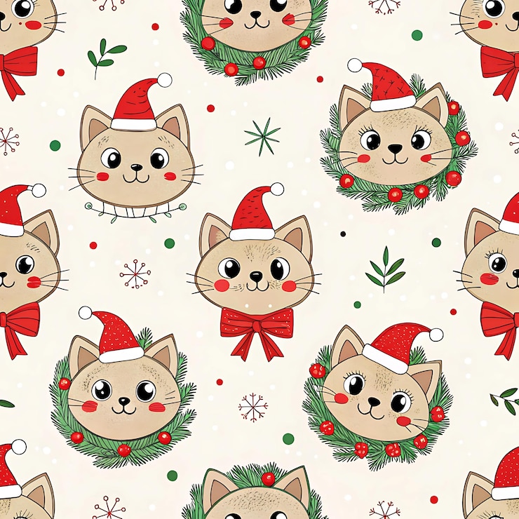 PSD un patrón de navidad con un gato con una corona y un sombrero de santa