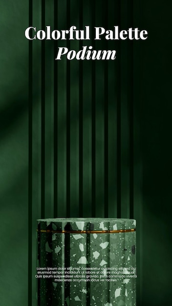 patrón de terrazo cilindro podio en retrato fondo de pared verde imagen de renderizado 3d maqueta en blanco