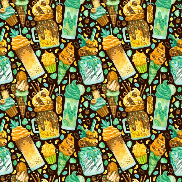 Patrón transparente sin costuras de helados y postres de colores PSD