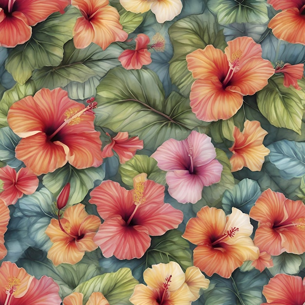 Un patrón vibrante de flores de hibisco tropical generado por aig