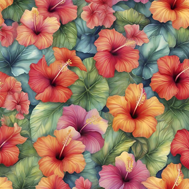 PSD un patrón vibrante de flores de hibisco tropical generado por aig