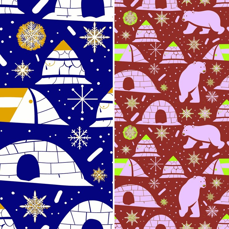 PSD patrones árticos con copo de nieve de oso polar y silueta de iglú diseños abstractos tradicionales de png