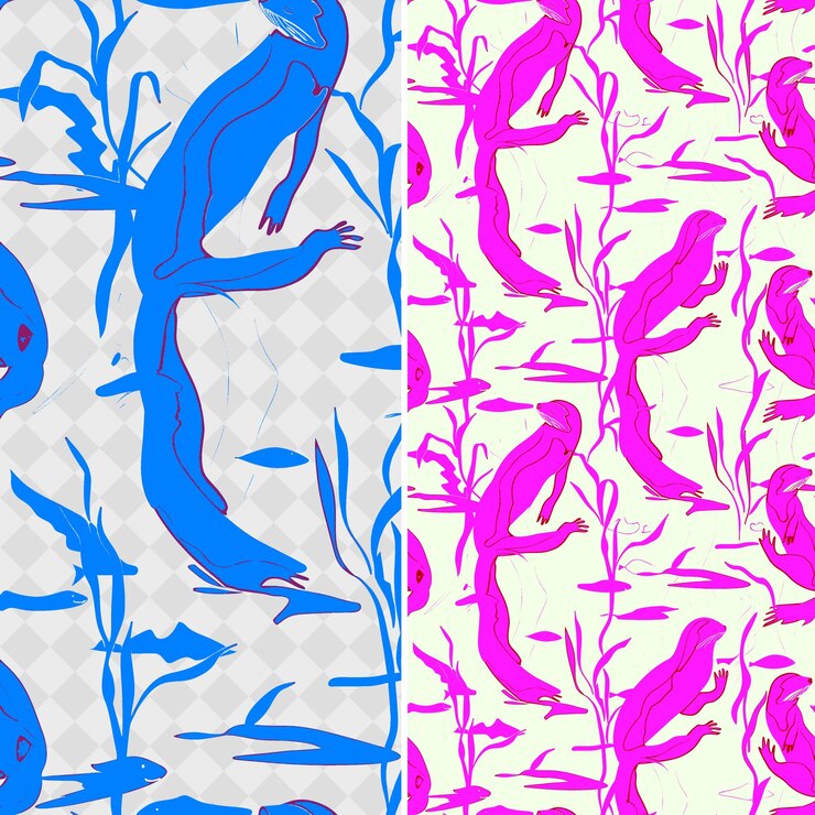 PSD patrones de bosque de algas con algas de nutria de mar y siluetas de abalos png diseños abstractos tradicionales