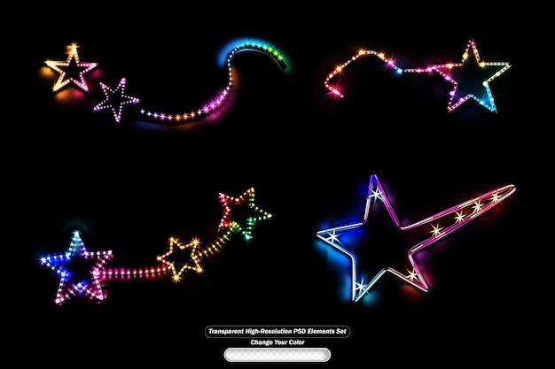 Patrones de estrellas brillantes de colores en un fondo transparente para diseños creativos