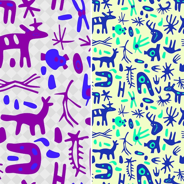 Patrones de pinturas rupestres prehistóricas con formas de animales y vectores geométricos abstractos creativos de Ou