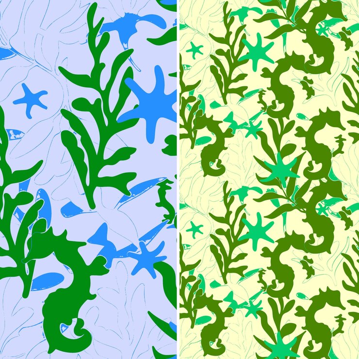 PSD patrones de prado de hierba marina con caballito de mar hierba marina y estrella de mar png diseños abstractos tradicionales
