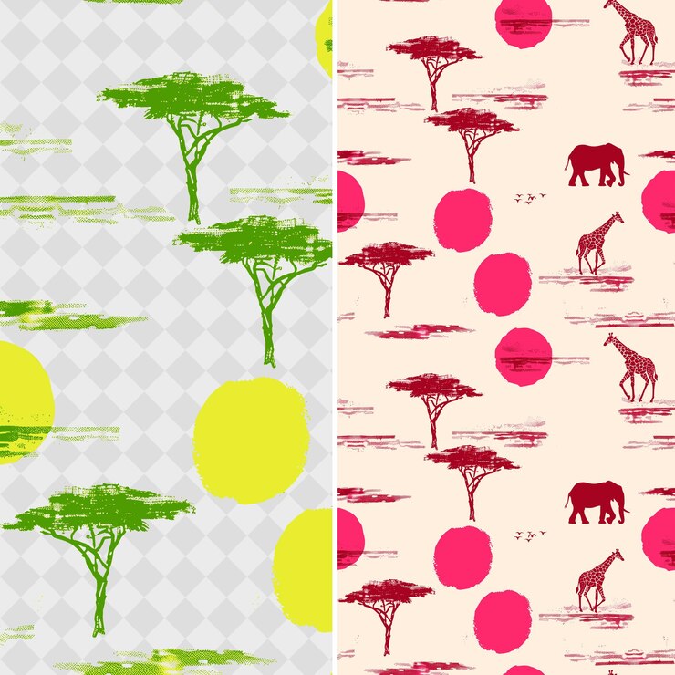 PSD patrones de sabana africana con jirafa elefante y acacia t diseños abstractos tradicionales de png