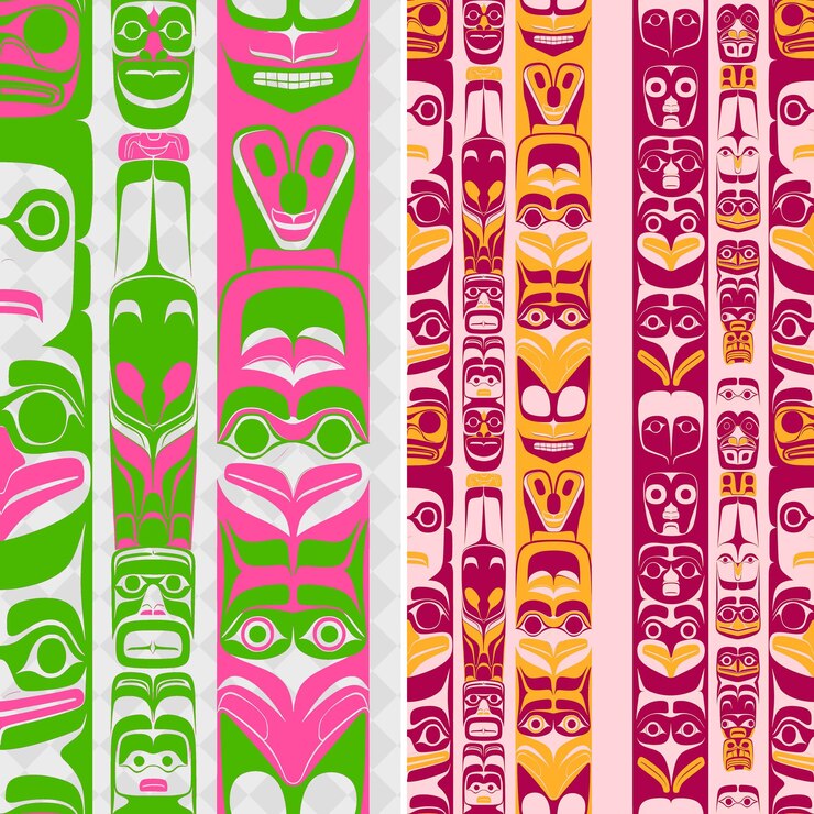 PSD los patrones de tótem de haida con animales y mitología crean un vector geométrico abstracto creativo
