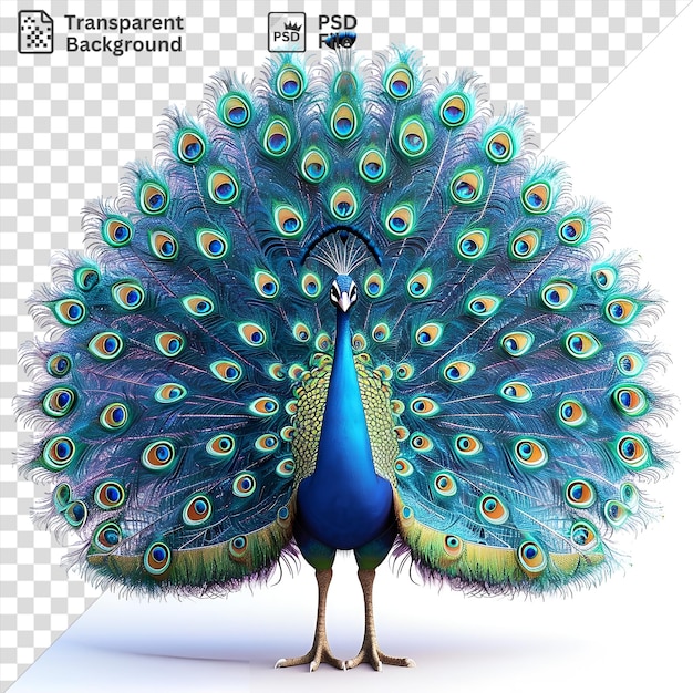 Un pavo real animado 3d único que muestra sus coloridas plumas de la cola, incluidas plumas de color azul verde y azul y verde con un pie y una pierna marrones visibles en primer plano
