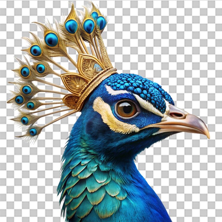 PSD un pavo real azul y dorado con una corona en la cabeza aislado en un fondo transparente
